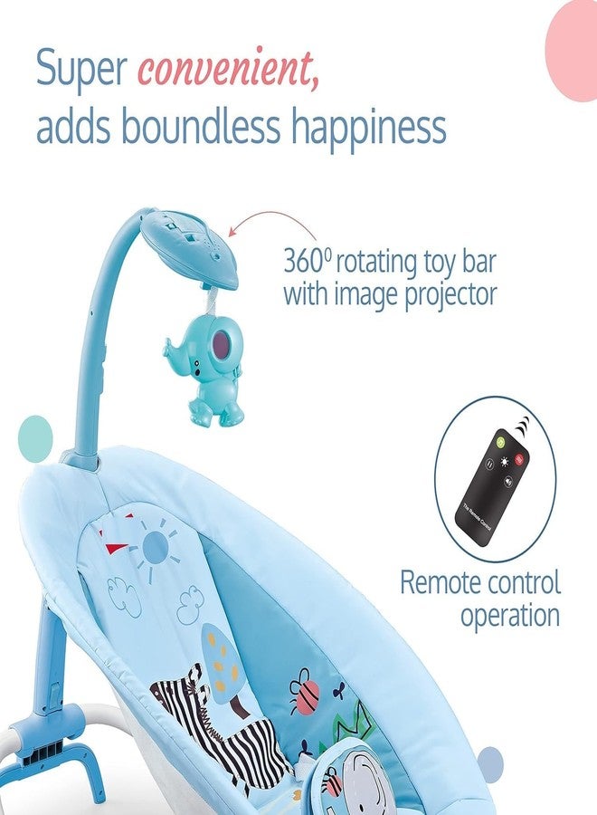 VBM كرسي هزاز للأطفال من VBM، مناسب للأطفال الرضع، أرجوحة محمولة، 5 سرعات تأرجح، جهاز تحكم عن بعد، مع جهاز عرض صوتي واهتزاز، لعبة دوارة 360 درجة للاستخدام الداخلي والخارجي (أزرق) - Image 3